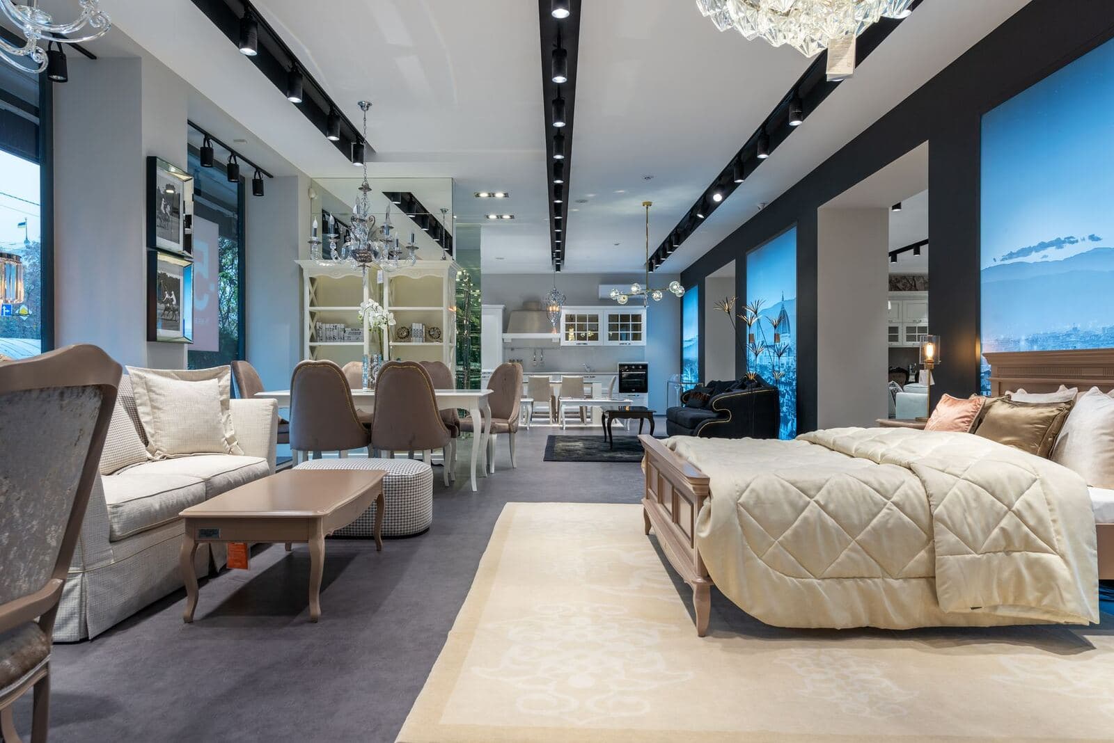 Bright modern furniture showroom with sofas and timber tables